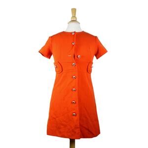 Vintage 60s mod button dress Carlette orange wool Twiggy Jackie pocket sz XS S